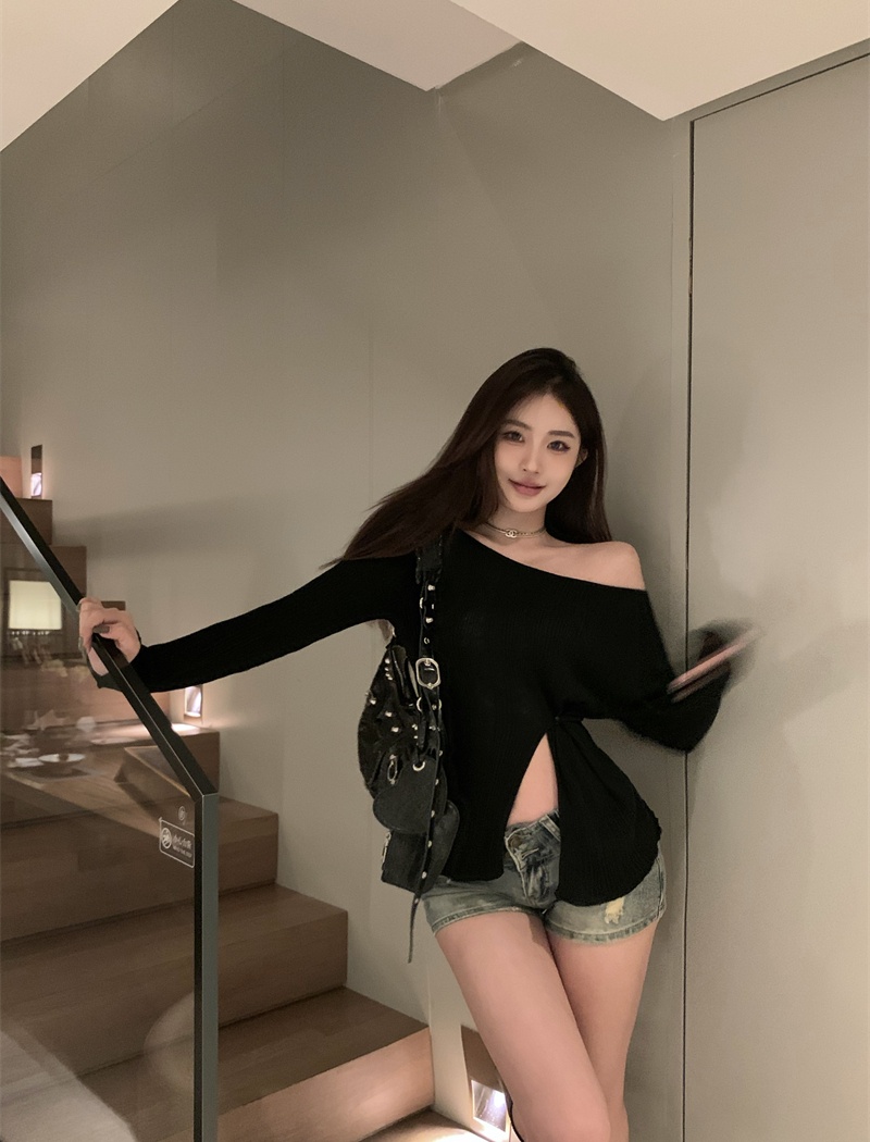 Flat shoulder spicegirl tops bottoming split T-shirt