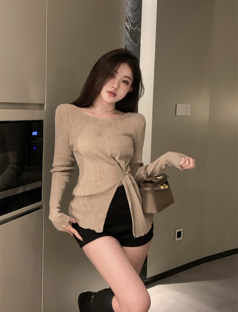 Flat shoulder spicegirl tops bottoming split T-shirt