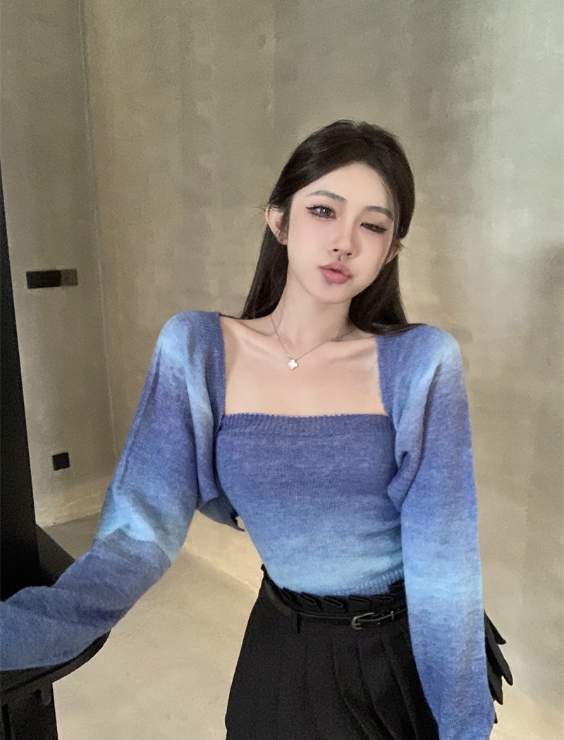 Knitted gradient tops all-match cardigan 2pcs set