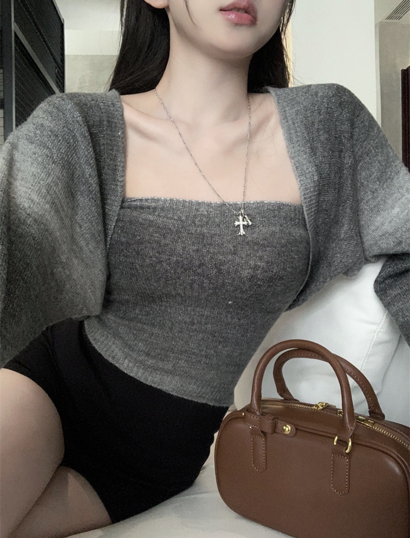 Knitted gradient tops all-match cardigan 2pcs set