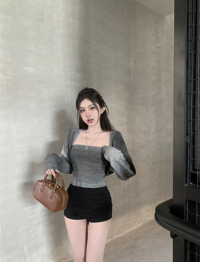 Knitted gradient tops all-match cardigan 2pcs set