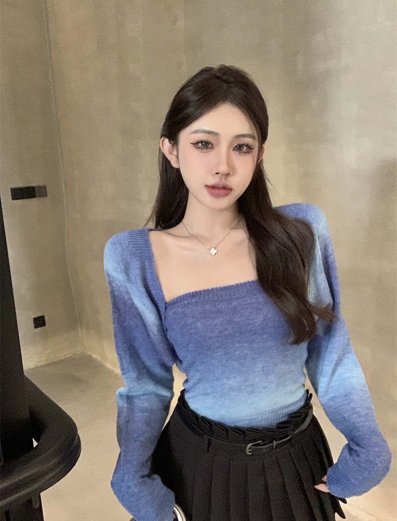 Knitted gradient tops all-match cardigan 2pcs set