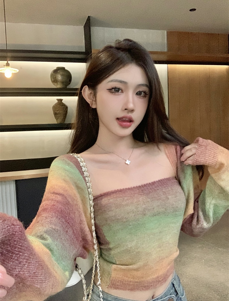 Knitted gradient tops all-match cardigan 2pcs set