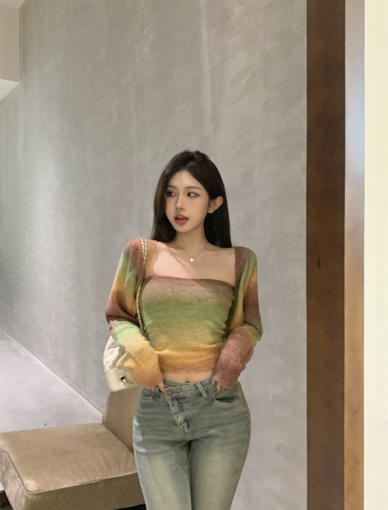 Knitted gradient tops all-match cardigan 2pcs set