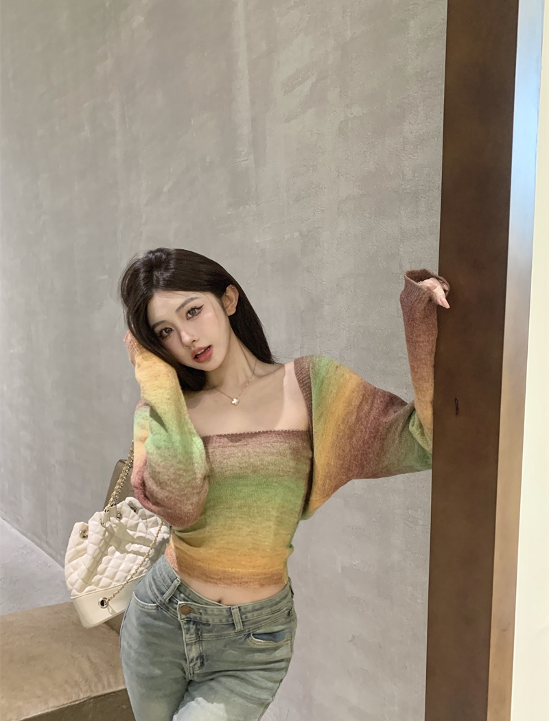Knitted gradient tops all-match cardigan 2pcs set