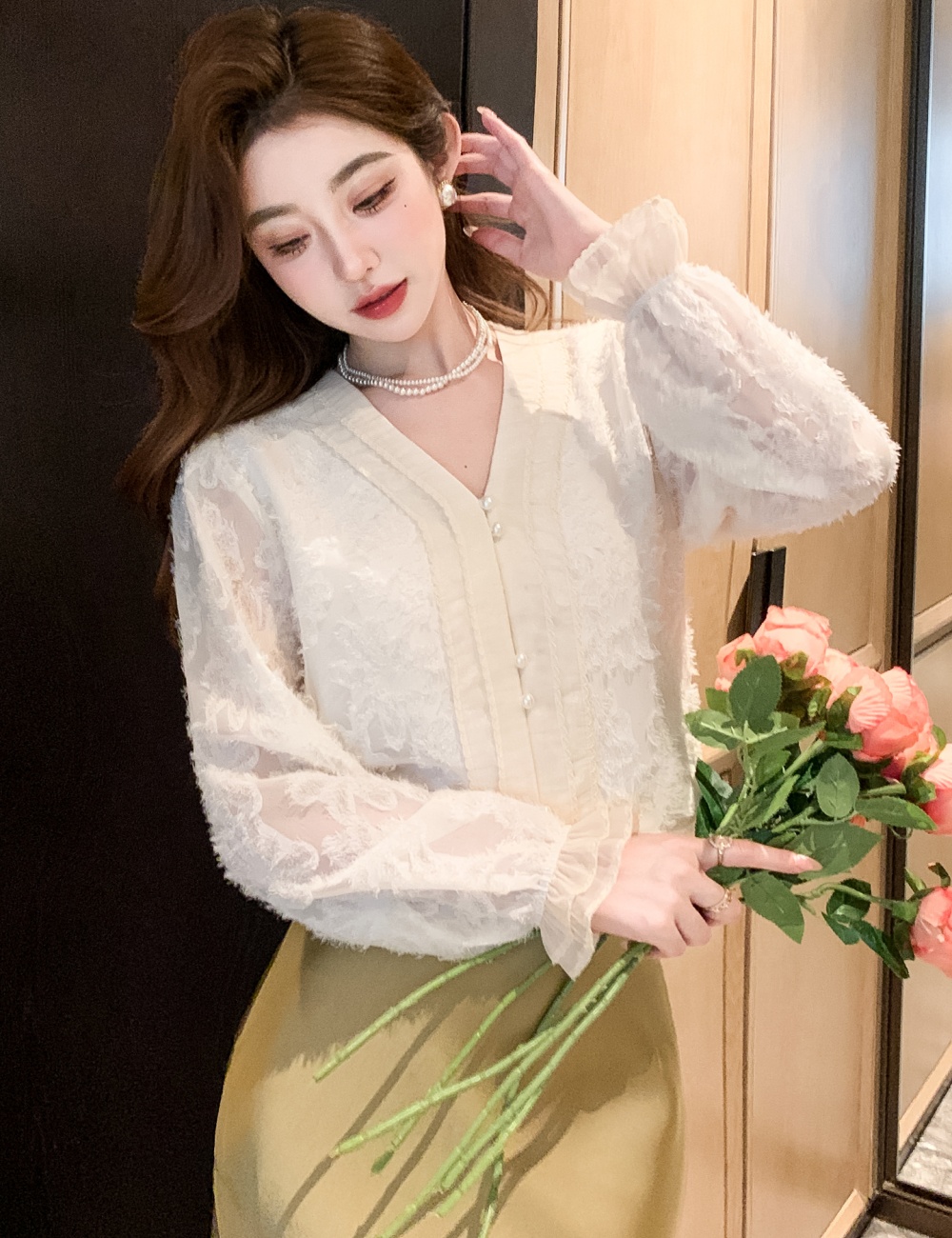V-neck tops long sleeve chiffon shirt for women