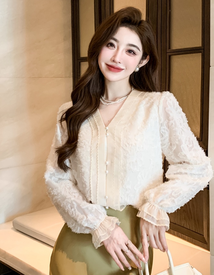 V-neck tops long sleeve chiffon shirt for women