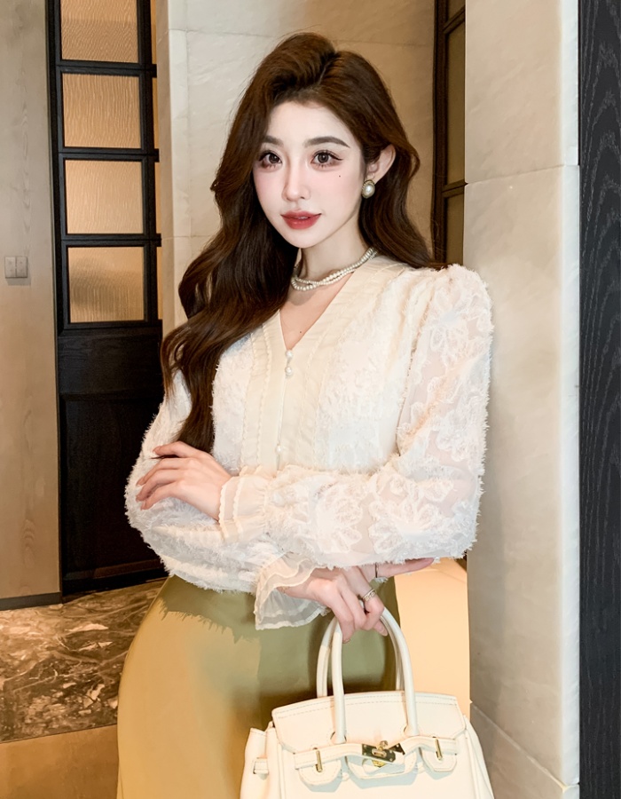 V-neck tops long sleeve chiffon shirt for women