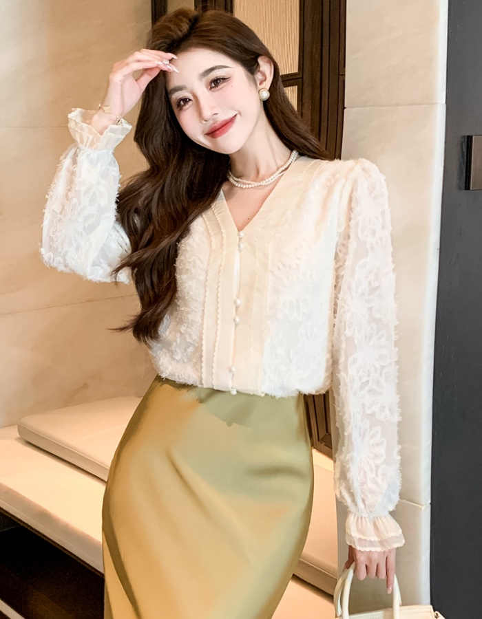 V-neck tops long sleeve chiffon shirt for women