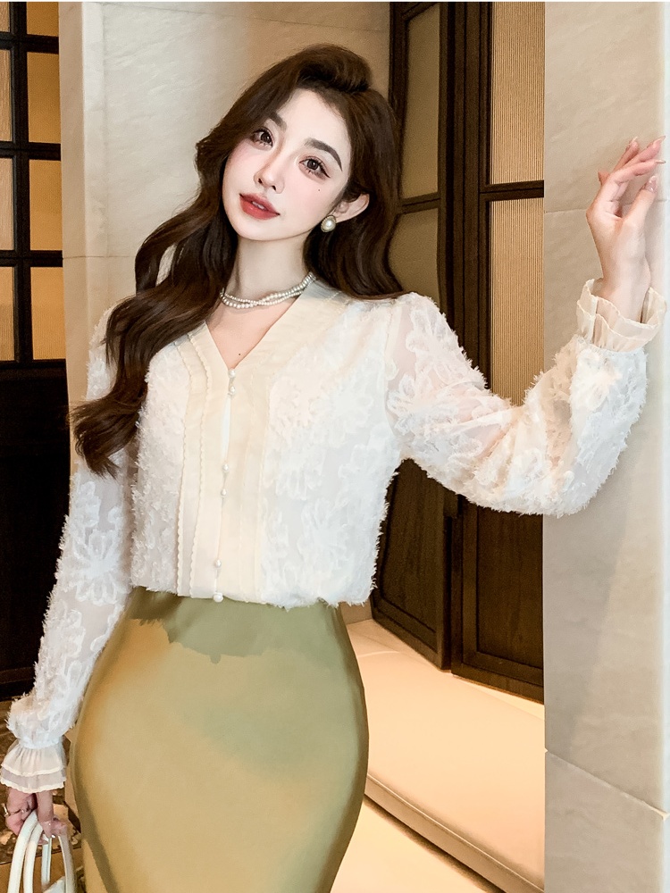 V-neck tops long sleeve chiffon shirt for women