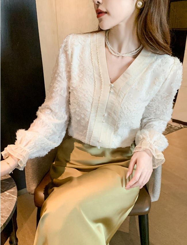 V-neck tops long sleeve chiffon shirt for women