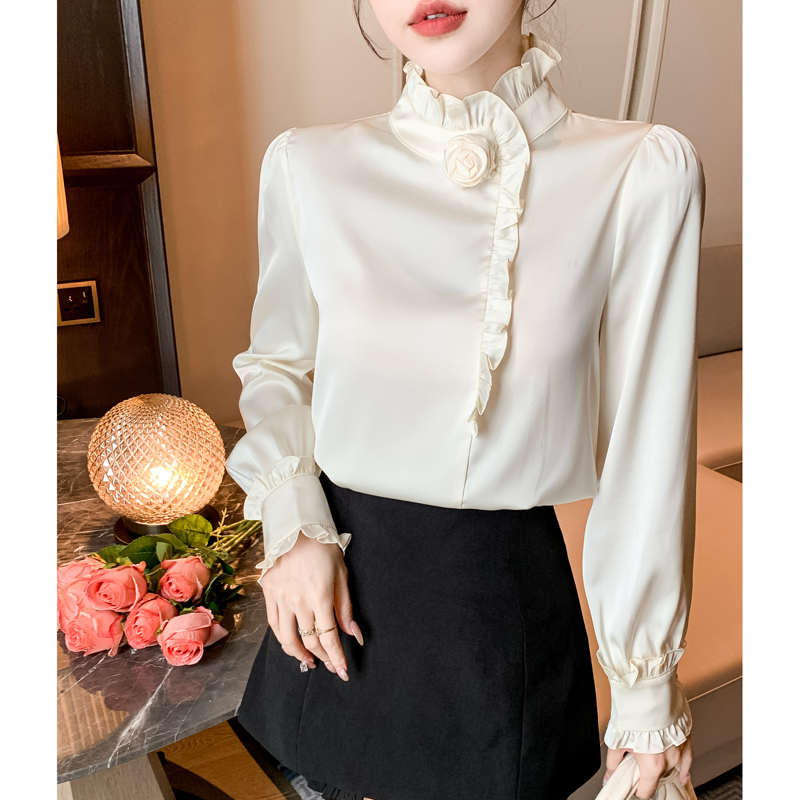 Retro rose tops wood ear profession shirt for women