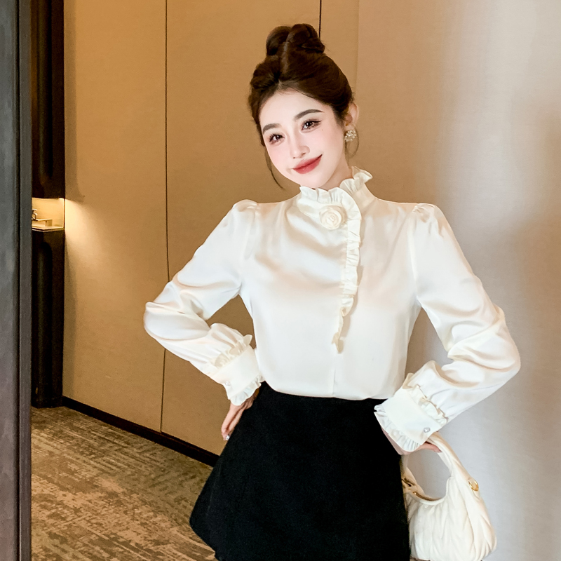 Retro rose tops wood ear profession shirt for women