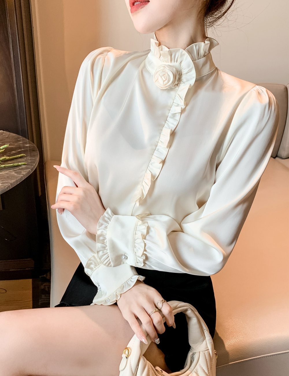 Retro rose tops wood ear profession shirt for women