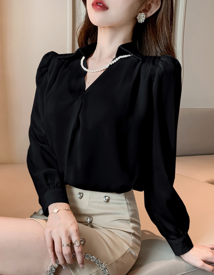 Spring pearls chain light luxury shirt France style drape tops