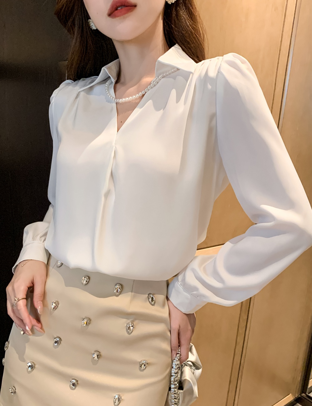 Spring pearls chain light luxury shirt France style drape tops