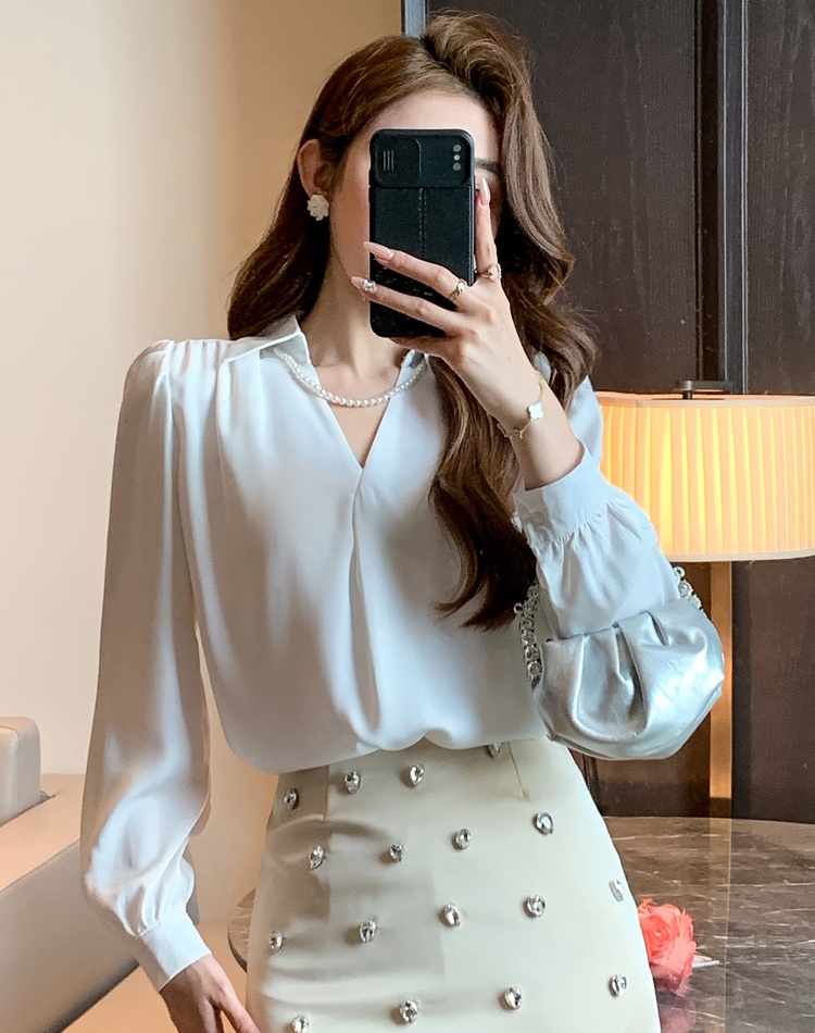 Spring pearls chain light luxury shirt France style drape tops