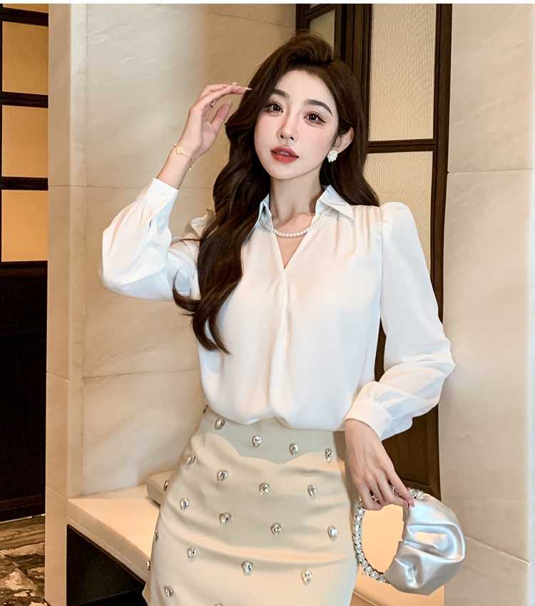 Spring pearls chain light luxury shirt France style drape tops