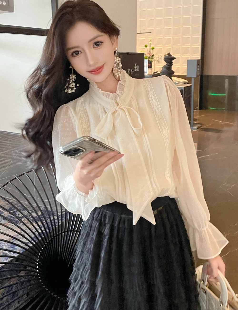 Long sleeve frenum small shirt bow shirt for women