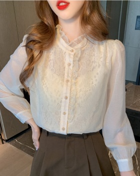 Chiffon temperament tops lace puff sleeve shirt for women