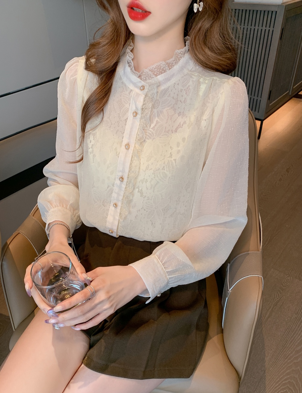 Chiffon temperament tops lace puff sleeve shirt for women