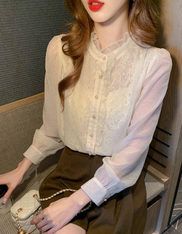 Chiffon temperament tops lace puff sleeve shirt for women