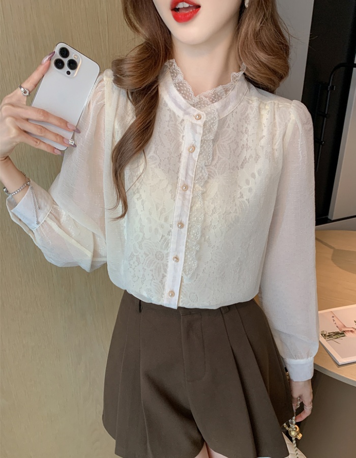Chiffon temperament tops lace puff sleeve shirt for women