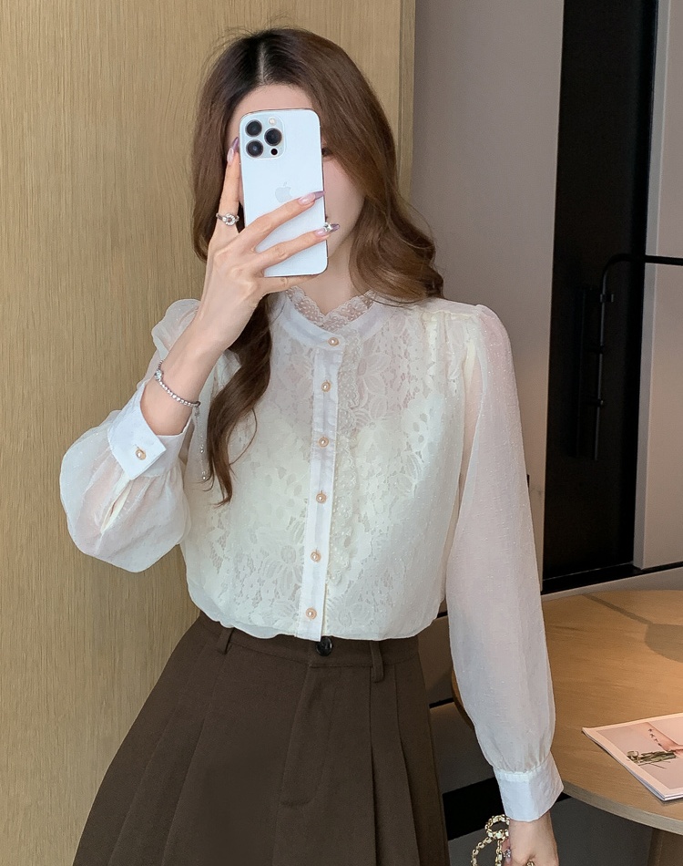 Chiffon temperament tops lace puff sleeve shirt for women