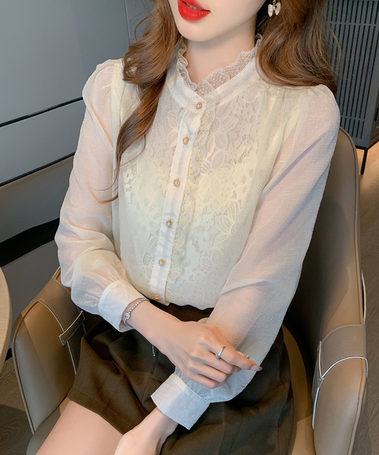 Chiffon temperament tops lace puff sleeve shirt for women
