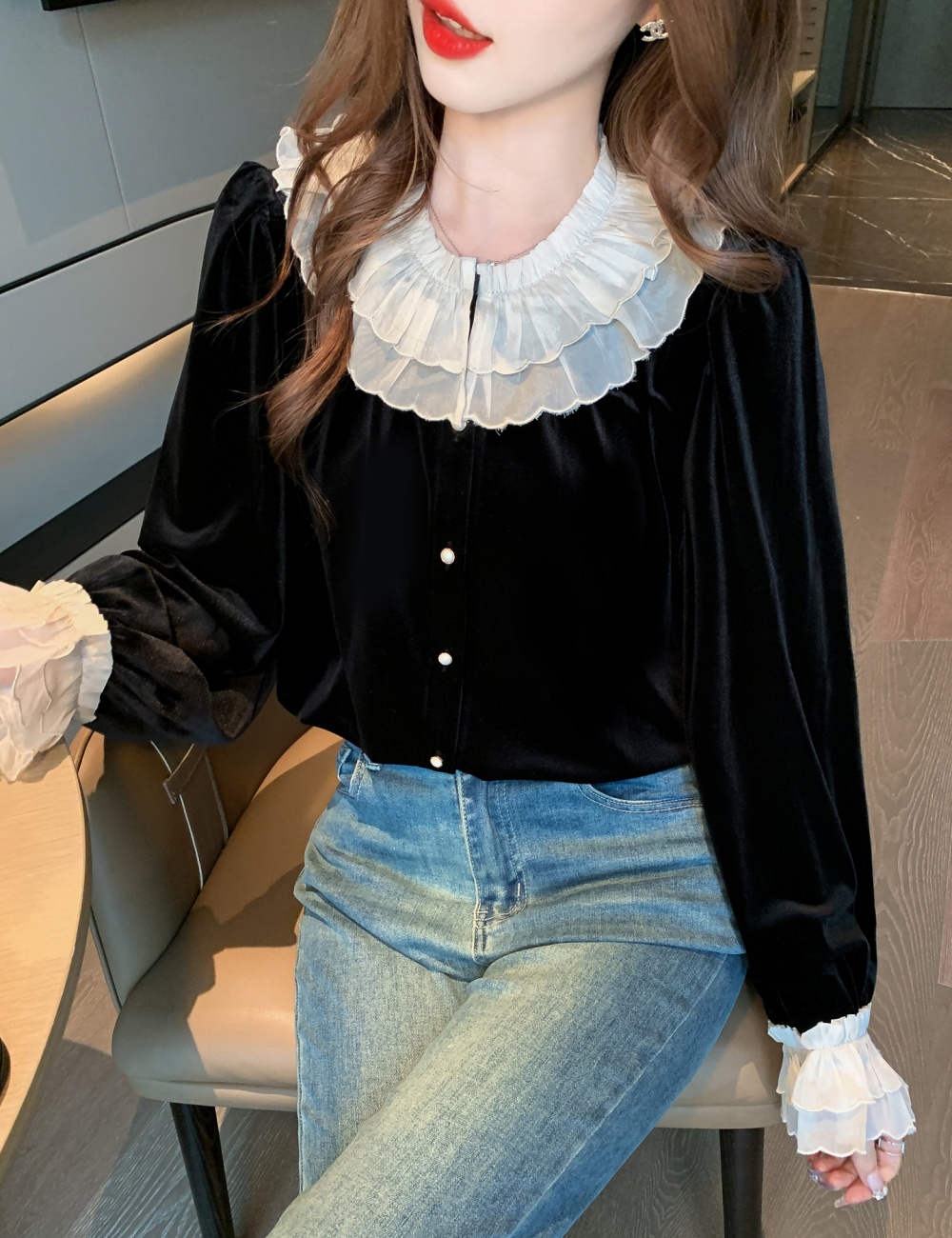 Embroidery commuting tops lace profession small shirt