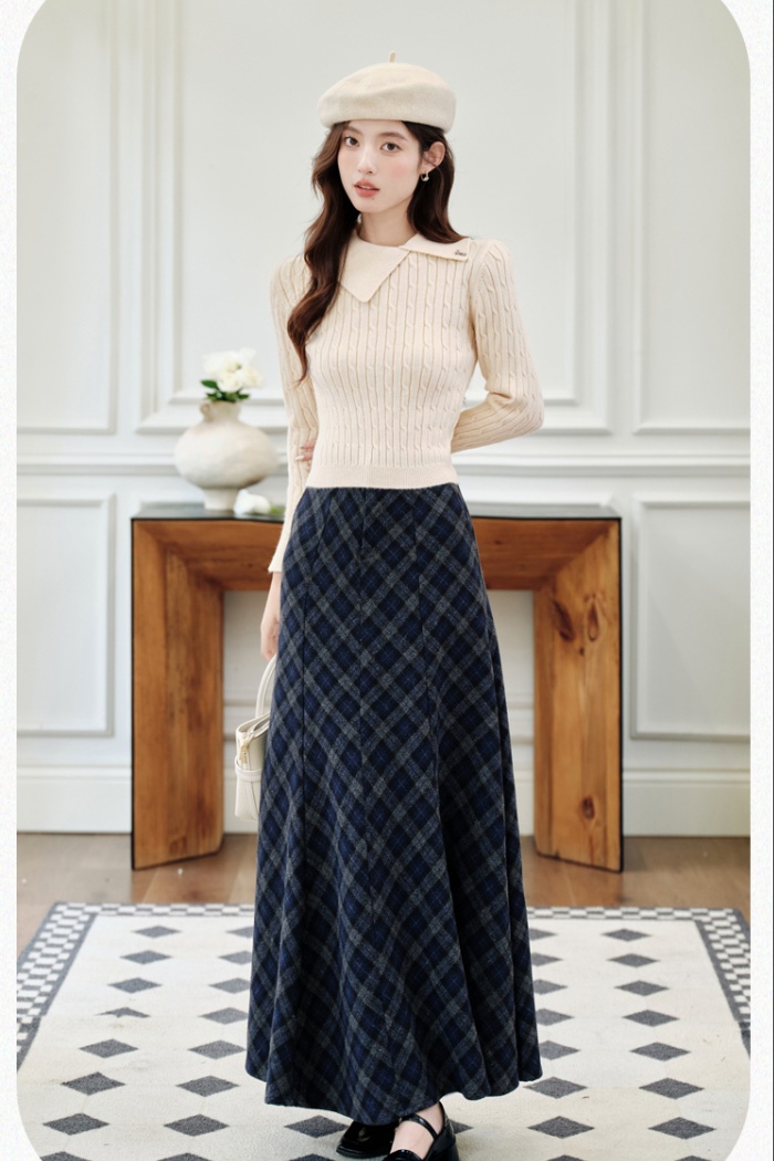 Plaid white skirt sueding twill sweater a set