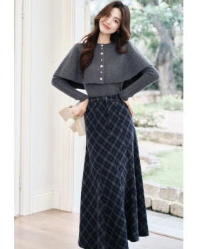 Plaid gray cloak twill sueding sweater a set