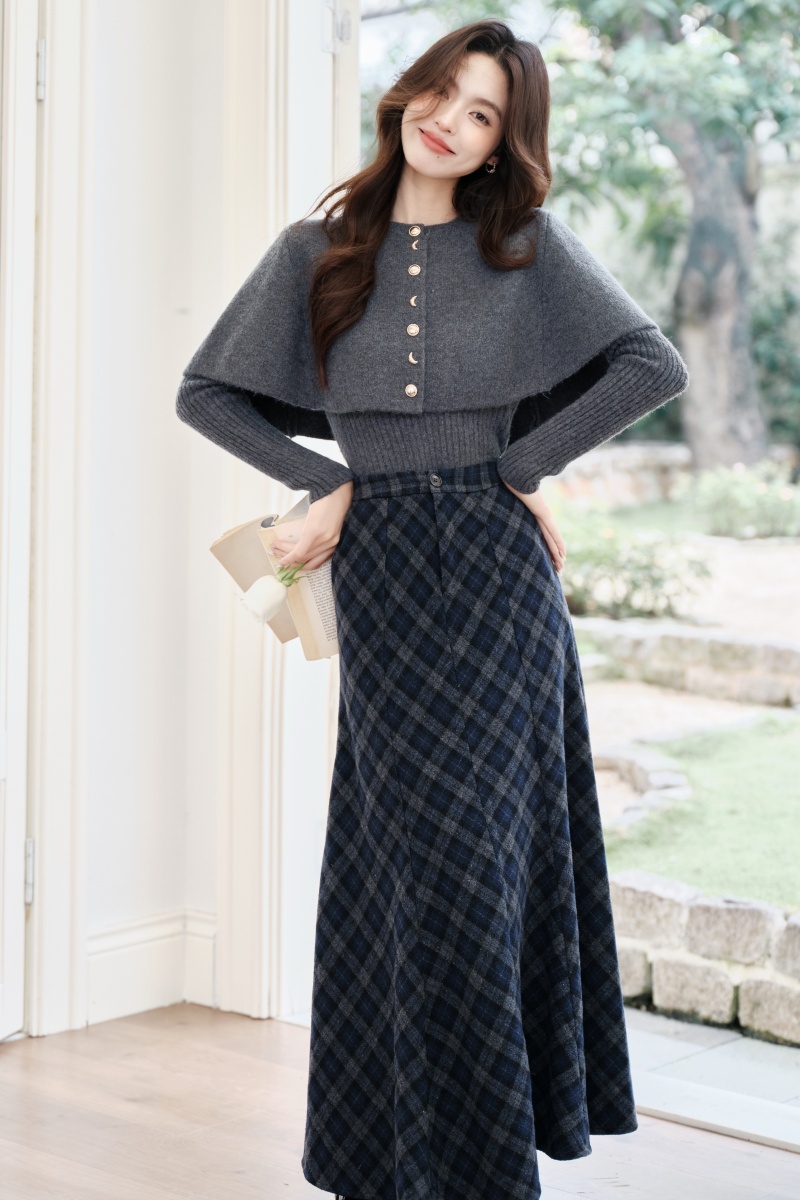 Plaid gray cloak twill sueding sweater a set