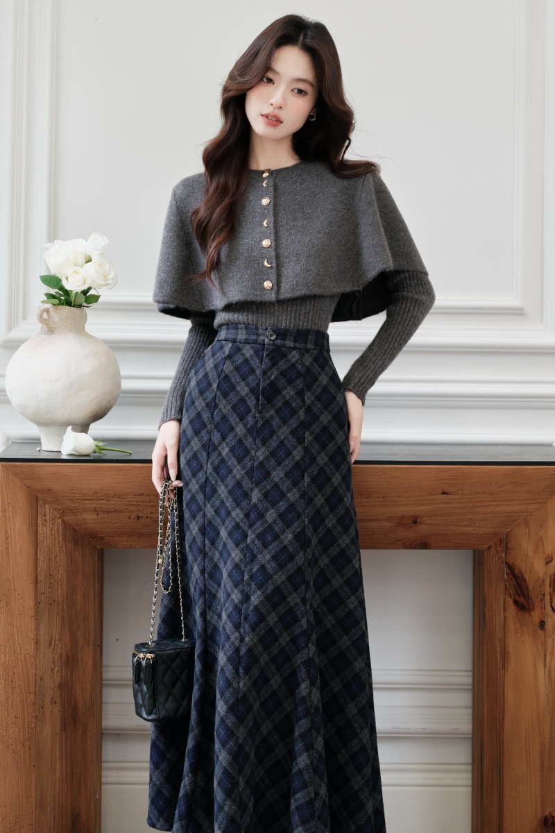 Plaid gray cloak twill sueding sweater a set