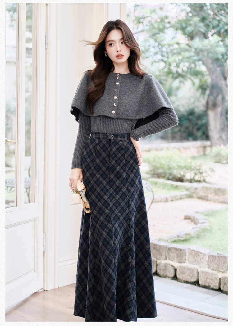 Plaid gray cloak twill sueding sweater a set