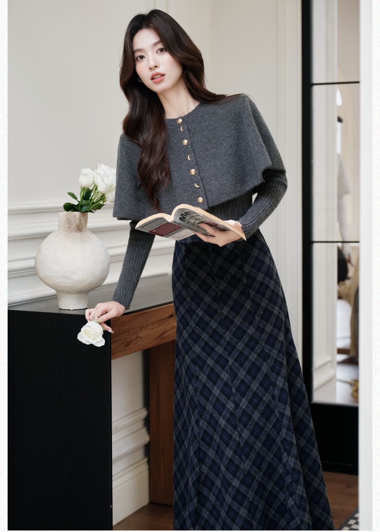 Plaid gray cloak twill sueding sweater a set