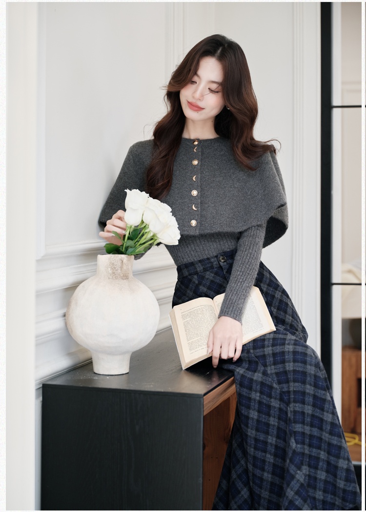 Plaid gray cloak twill sueding sweater a set