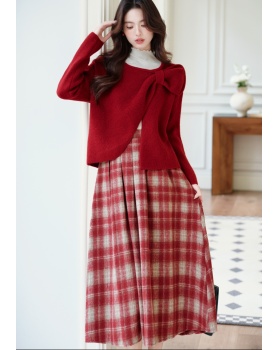 Knitted plaid coat inside the ride christmas tops 3pcs set
