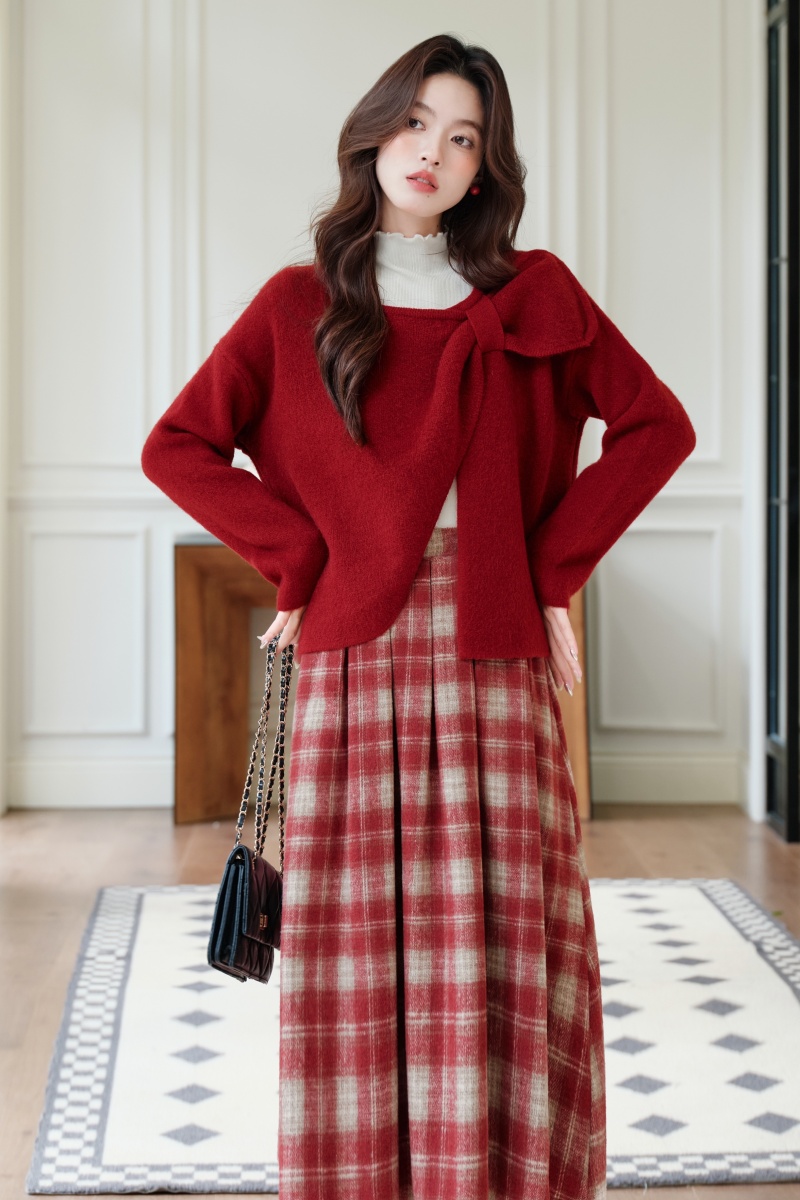 Knitted plaid coat inside the ride christmas tops 3pcs set