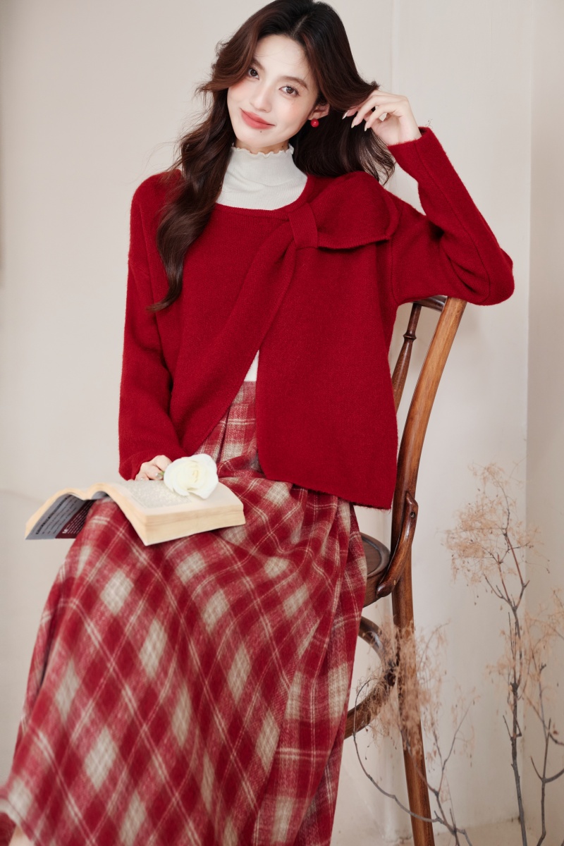 Knitted plaid coat inside the ride christmas tops 3pcs set