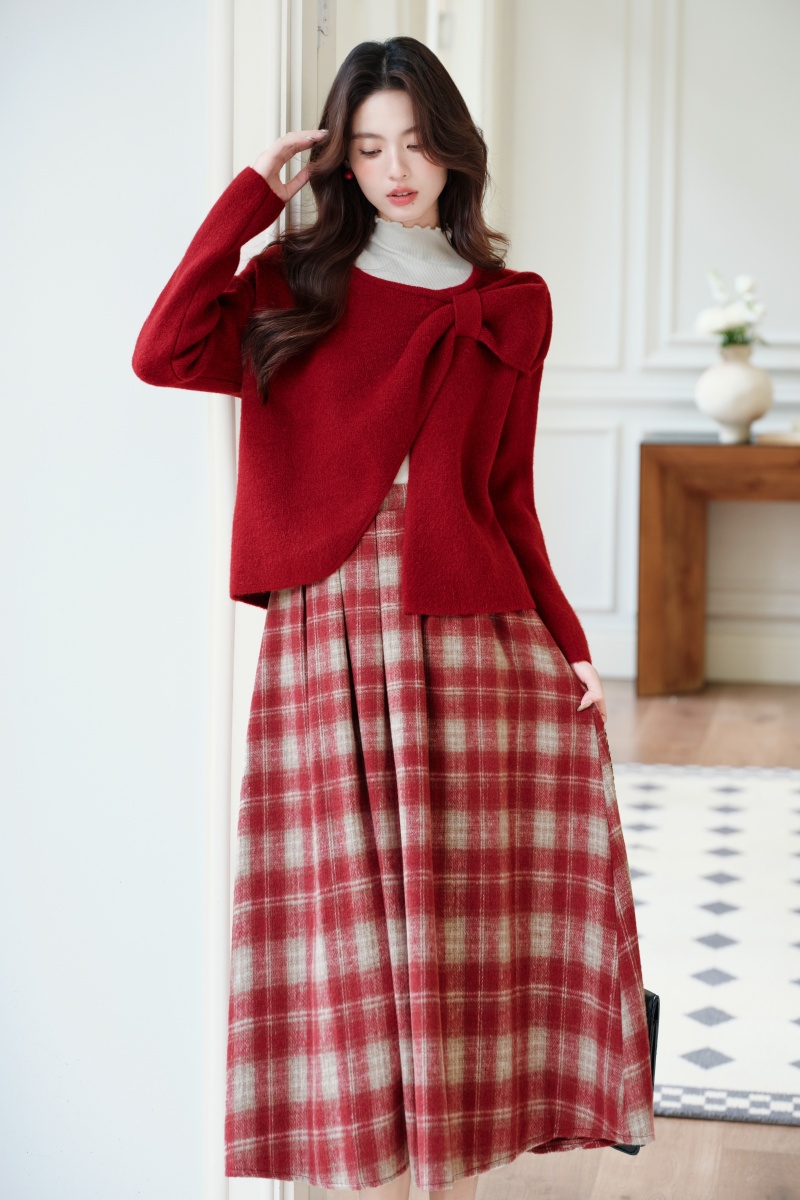 Knitted plaid coat inside the ride christmas tops 3pcs set