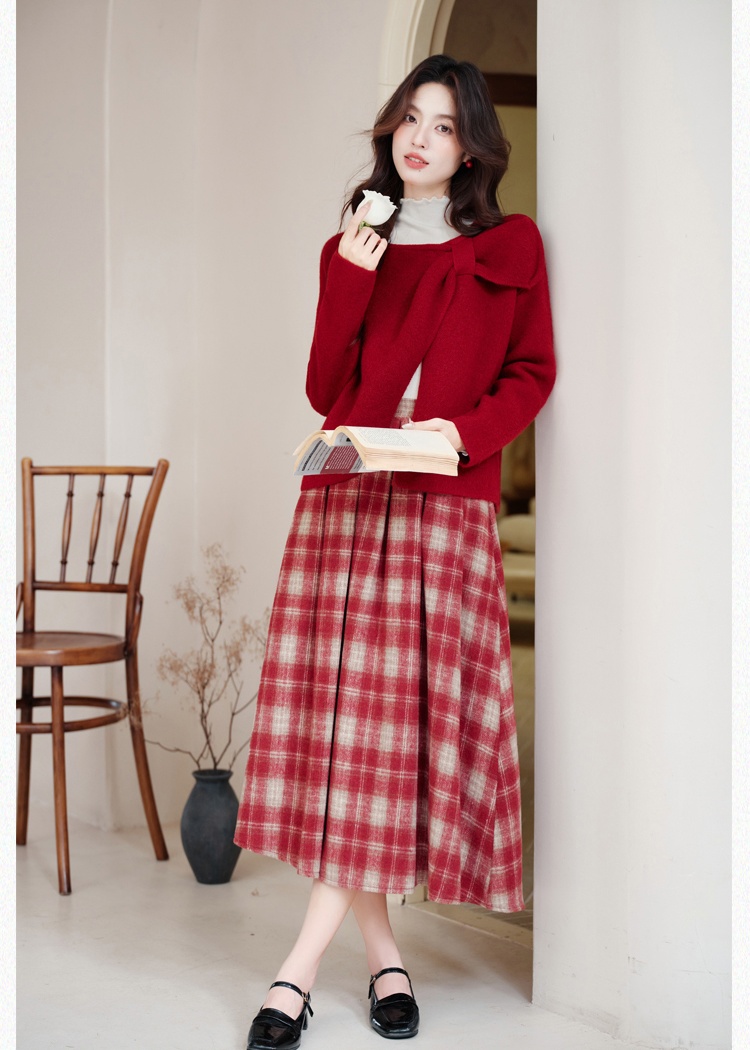 Knitted plaid coat inside the ride christmas tops 3pcs set