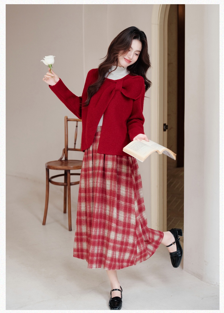 Knitted plaid coat inside the ride christmas tops 3pcs set