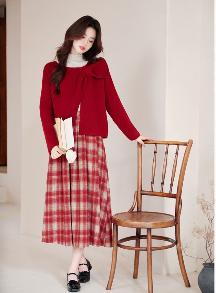 Knitted plaid coat inside the ride christmas tops 3pcs set