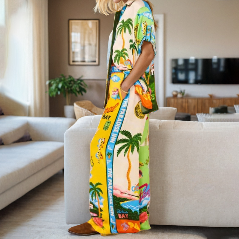 Mixed colors European style wide leg pants a set