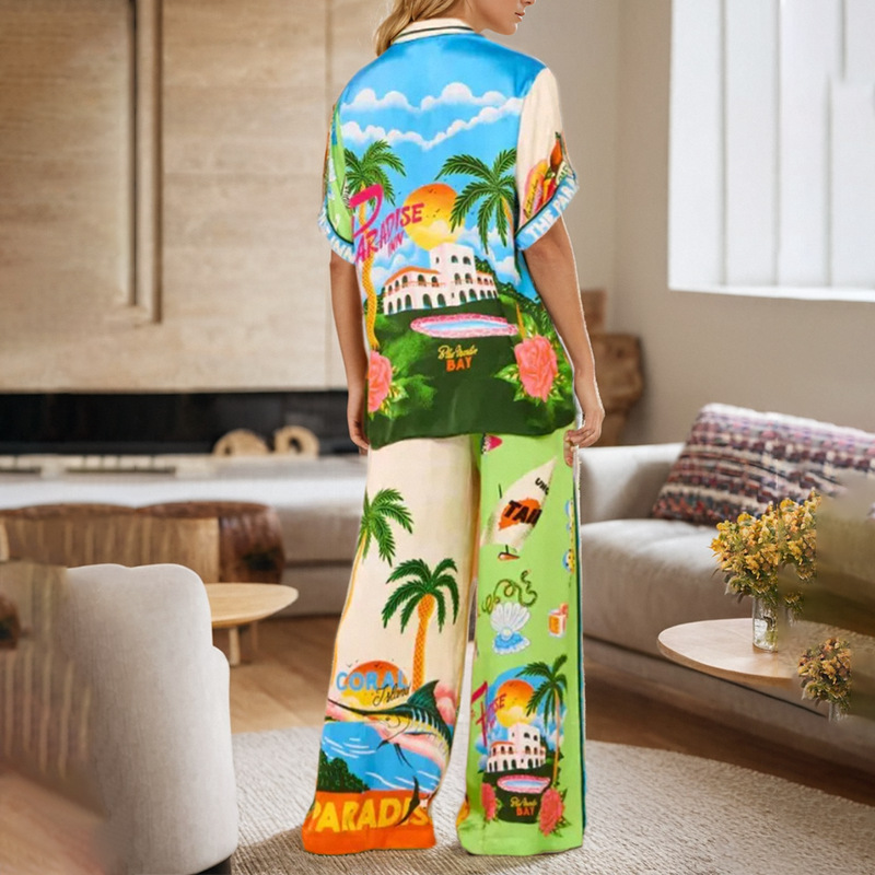 Mixed colors European style wide leg pants a set