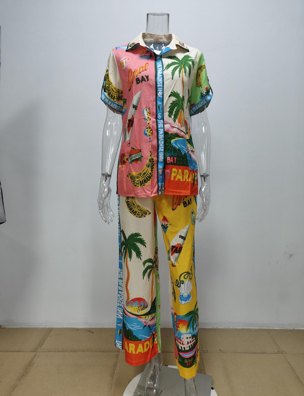 Mixed colors European style wide leg pants a set