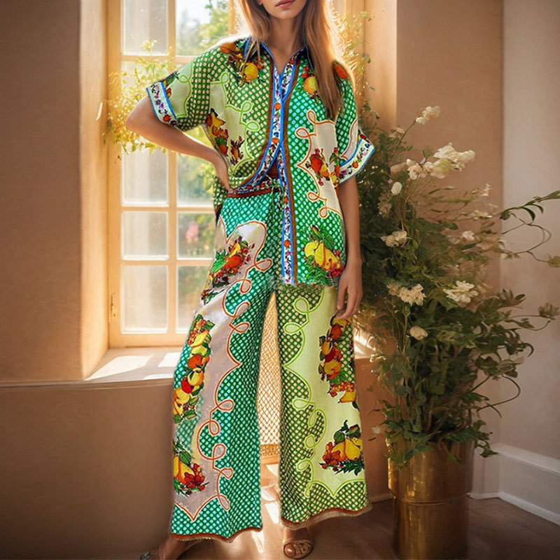 Vacation mixed colors European style wide leg pants a set