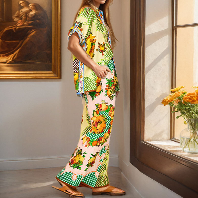 Vacation mixed colors European style wide leg pants a set