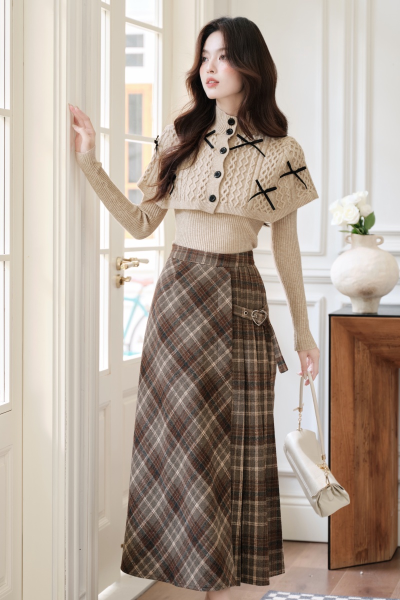 Plaid sweater sueding skirt a set